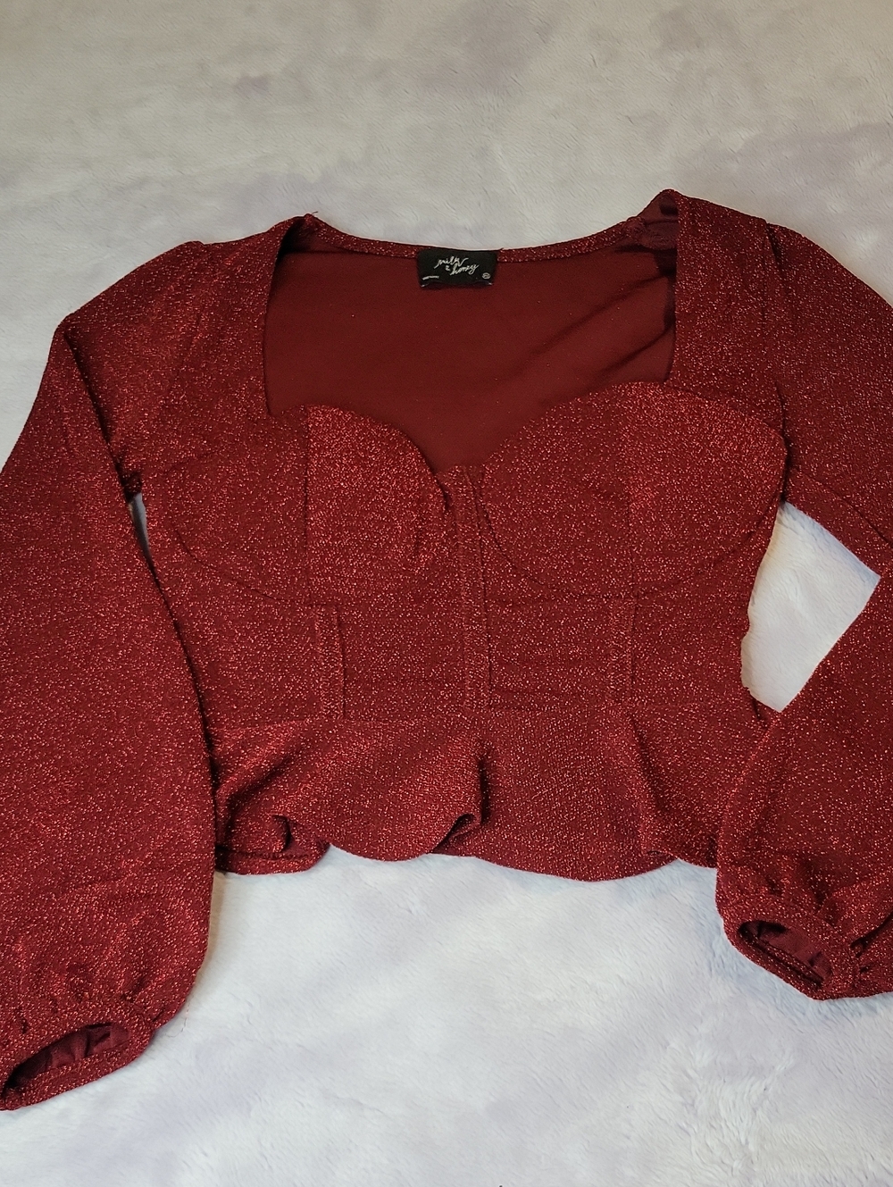 Red Shimmery Long-Sleeve Peplum Bustier Top